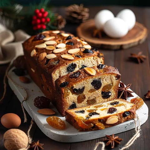 Un gâteau tranché avec des amandes, présenté sur une assiette entouré d'œufs et diverses épices.