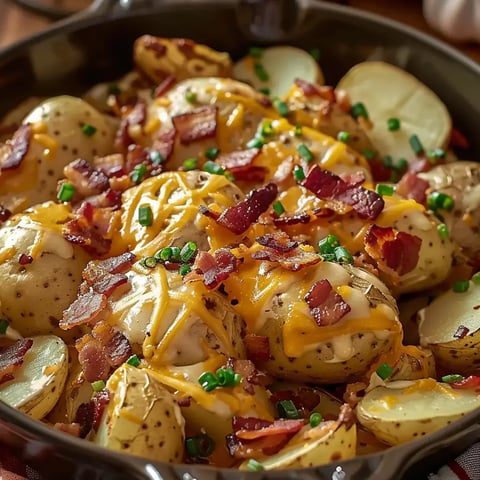 Un plat de patates garnies de fromage fondu, lardons et herbes fraîches.