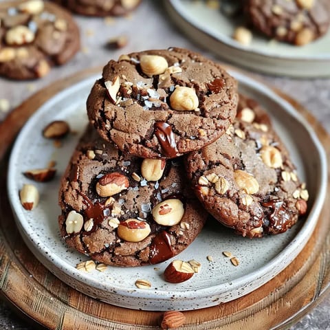 Biscuits gourmands au chocolat et morceaux de noix, joliment présentés sur une assiette.