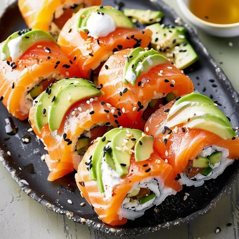 Des rouleaux de saumon garnis d'avocat et fromage, joliment disposés sur une assiette sombre, avec quelques graines et sauce d'accompagnement.