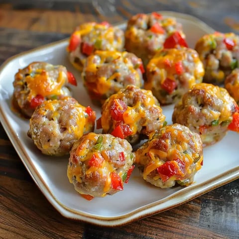 Des boules de viande garnies de fromage cheddar et de morceaux de poivron sur une assiette.