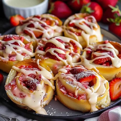Des spirales briochées avec garniture de fraises et glaçage crémeux.