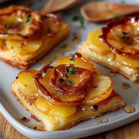 Petites tartes aux pommes caramélisées avec herbes, sur une assiette.