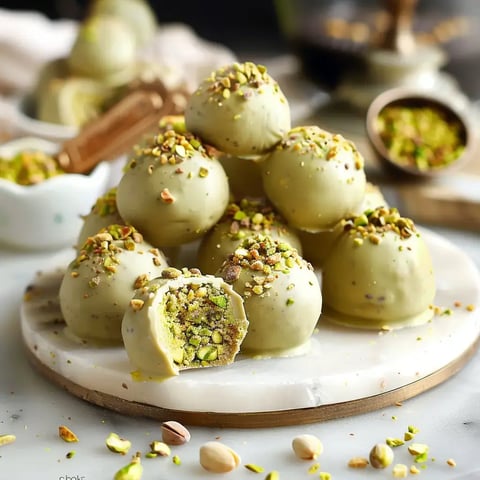 Petites boules de chocolat blanc enrobées de pistaches présentées joliment sur un plateau.