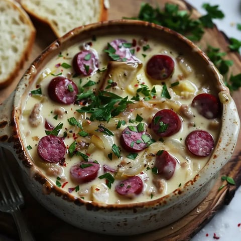 Un plat crémeux d'endives et saucisses fumées, garni de persil frais avec du pain à côté.