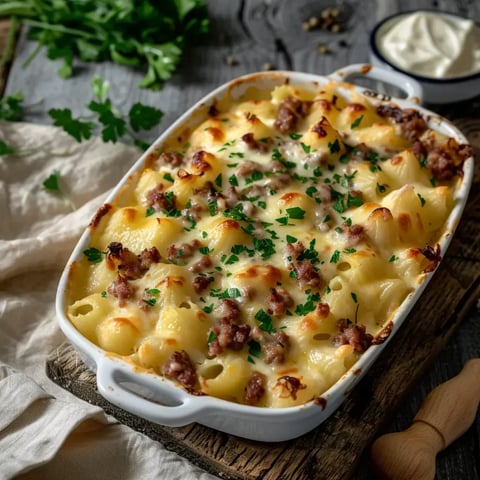 Un gratin bien doré de coquillettes aux saveurs familiales, avec persil frais en garniture.