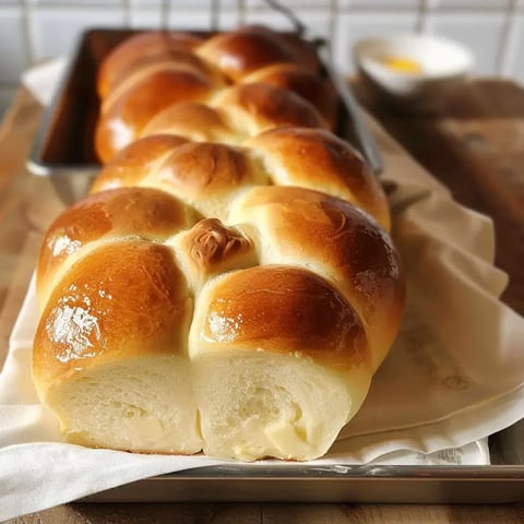 Une brioche appétissante aux tons dorés repose sur un plateau, avec une assiette blanche visible en arrière-plan.