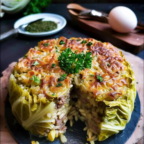Chou garni de viande et riz, entouré de feuilles de chou et décoré de persil sur une assiette noire.