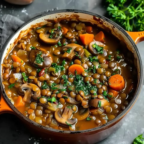 Mélange de lentilles avec champignons et carottes, garni de persil frais, servi dans une cocotte.