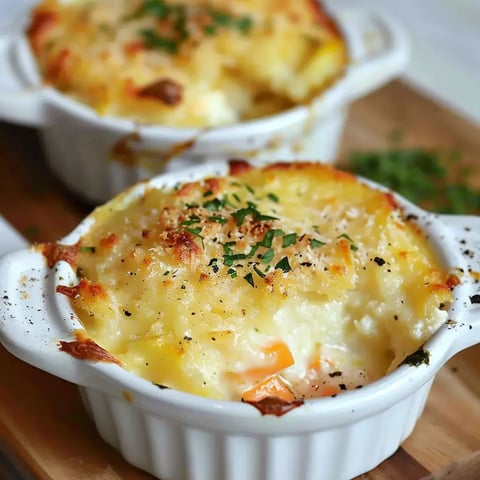 Petits gratins dorés, garnis de fromage et persil dans des ramequins blancs.