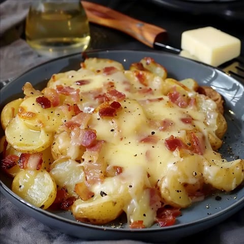 Pommes rôties, fromage fondant et lard croustillant servis dans une assiette.