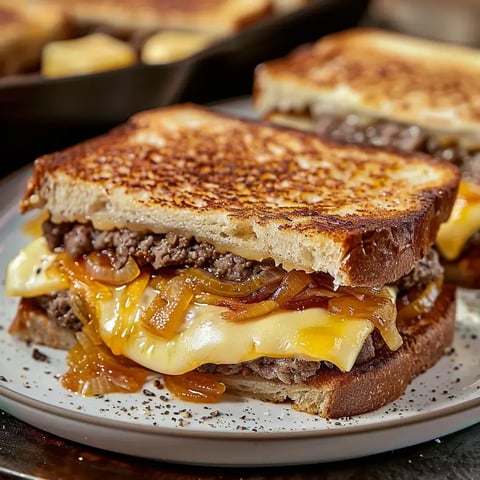 Un sandwich grillé avec steak haché, oignons dorés et fromage qui dégouline.