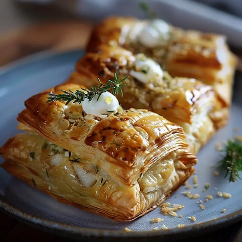 Feuilletés dorés au poisson surmontés de brins de thym frais.