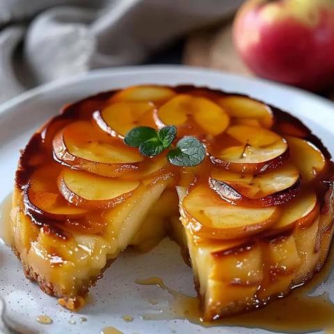 Flan aux pommes caramélisé avec une part prélevée et menthe fraîche en décoration sur assiette.