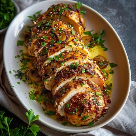 Poulet découpé avec des champignons et des herbes fraîches, nappé d'une sauce onctueuse.