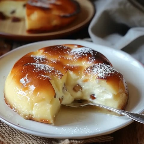 Un moelleux aérien, légèrement doré, saupoudré de sucre glace, avec une part déjà servie.