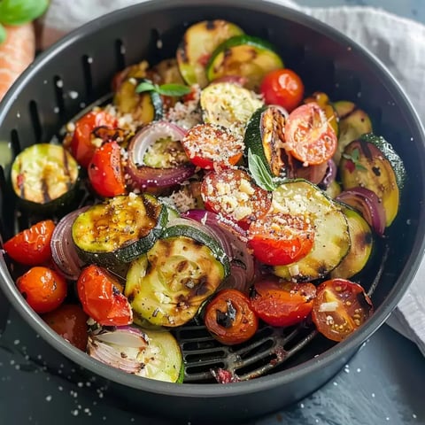 Légumes rôtis comme courgettes, tomates cerises et oignons, assaisonnés de fromage et basilic, dans un panier d'Air Fryer.