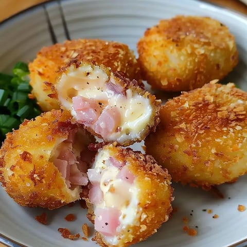 Des croquettes au jambon dorées avec une garniture crémeuse, décorées de ciboulette fraîche.