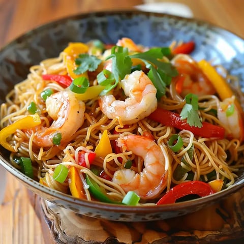 Bol de nouilles, crevettes et légumes colorés.