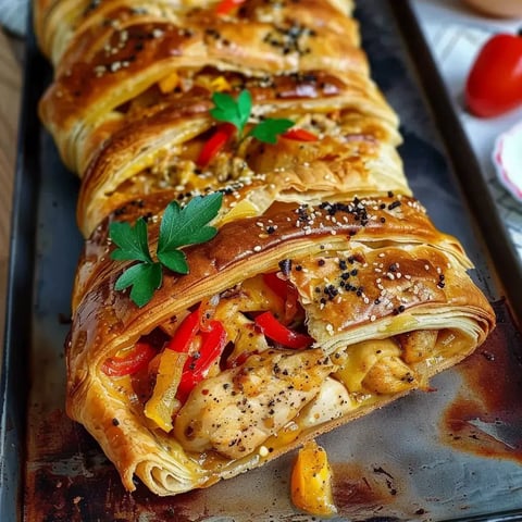 Un feuilleté bien croustillant aux saveurs de poulet, poivrons, fromage et herbes fraîches.