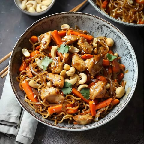 Bol avec poulet, noix de cajou, carottes et coriandre décorées de graines de sésame.