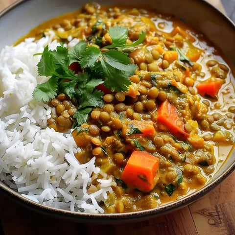 Un plat de lentilles mijoté avec du lait de coco et des légumes, servi avec du riz et un peu de coriandre.