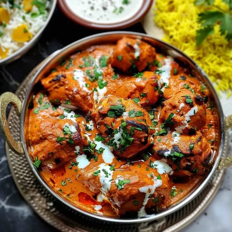 Délicieux poulet tandoori sur riz curry garni de coriandre.