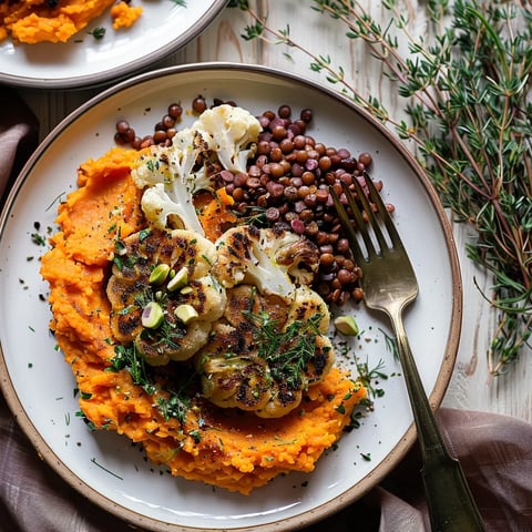 Steak de chou-fleur vegan au four avec purée de patate douce