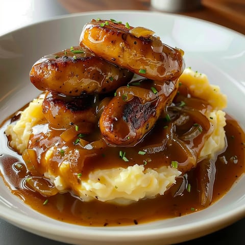 Saucisses Purée et Oignons fondants