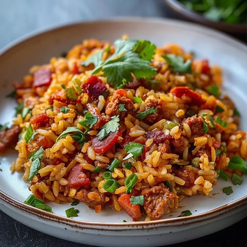 Chorizo et lardons dans un riz mexicain coloré
