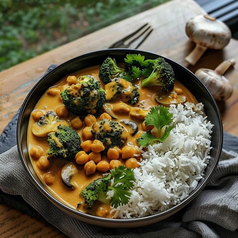 Curry brocoli pois chiches coco champignons