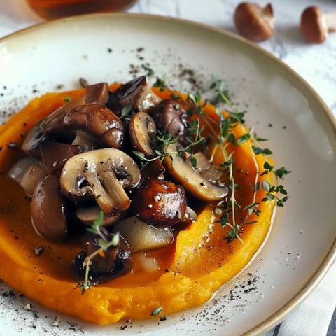 Poêlée gourmande de champignons et châtaignes avec purée épicée de courge butternut