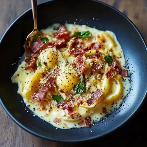 A bowl of food with bacon and eggs.