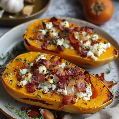 Two slices of roasted sweet potato with bacon and feta cheese.