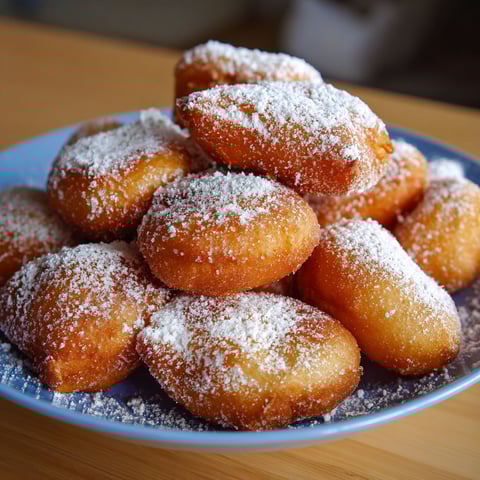 Des beignets alsaciens sur une plaque avec des grains de sucre par-dessus, façon Késala.