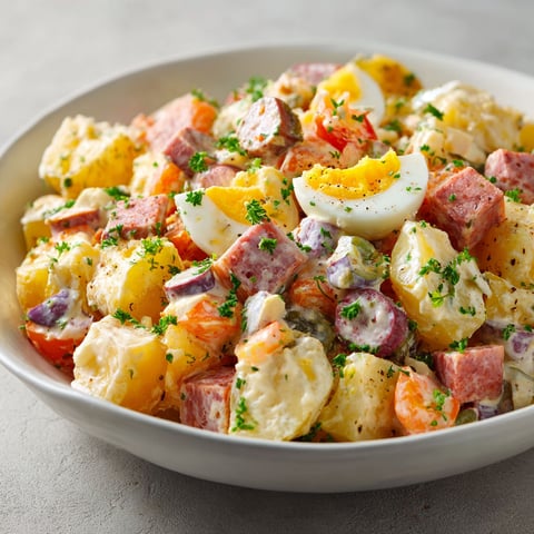 On trouve dans un bol une salade piémontaise façon traiteur avec des morceaux de légumes et de la charcuterie.