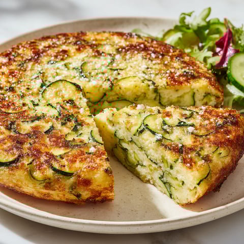 Un gâteau invisible aux courgettes et parmesan coupé en parts, posé sur un joli plateau.