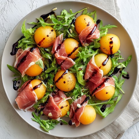 Salade fraîche avec melon, jambon cru et roquette, arrosée de sauce et colorée d’herbes. Un vrai plaisir d’été.