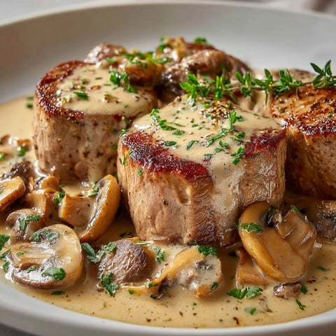 Belle assiette de filet de porc à la crème et champignons, garnie d’herbes fraîches.