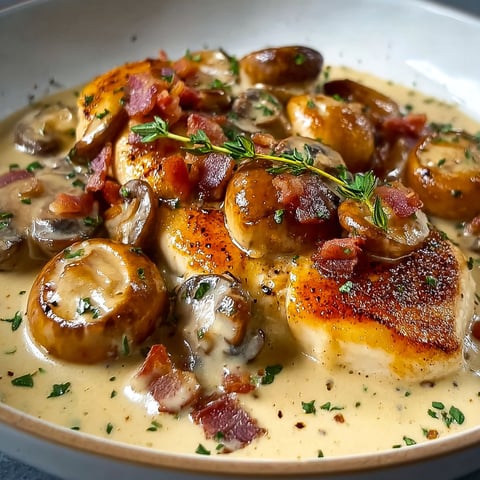 Dans un grand bol, un poulet crémeux côtoie des champignons poêlés et du bacon doré, un peu d’herbes par-dessus.