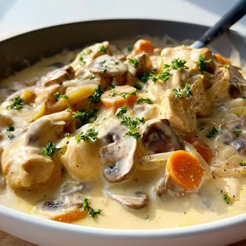 Un plat généreux de blanquette de poulet avec champignons, carottes et herbes servi sur une table conviviale.