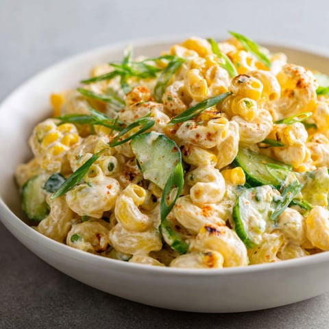 On voit dans un bol une salade de macaronis bien crémeuse, avec des morceaux dorés de maïs rôti.