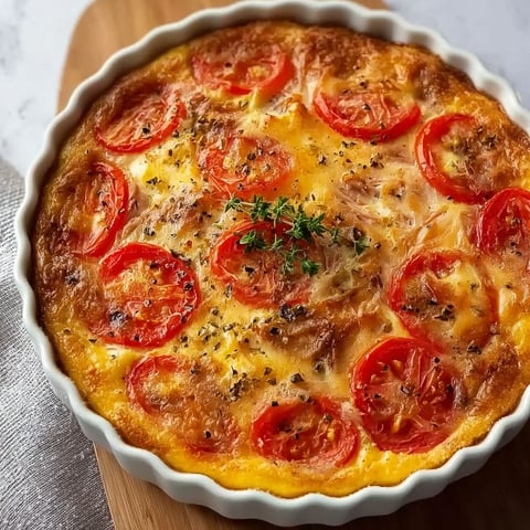 Une version extra simple et savoureuse de la quiche sans pâte au thon et à la tomate, servie dans un plat en verre.