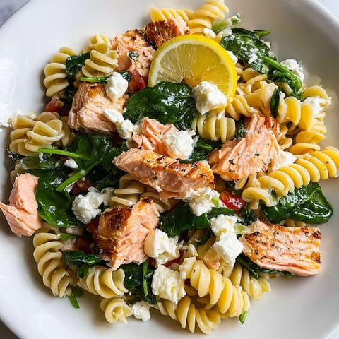 Des pâtes, du saumon et des épinards avec du citron servis simplement sur un plateau.