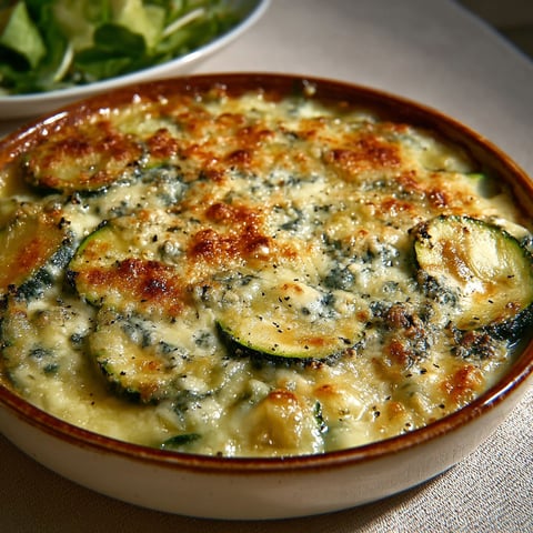 On voit un plat tout chaud de courgettes gratinées au bleu d’Auvergne posé sur un plateau.