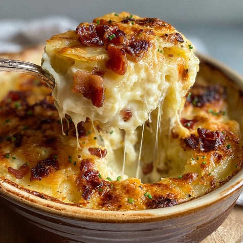 Un gratin mozza-lardons tout chaud servi dans un bol en terre cuite.