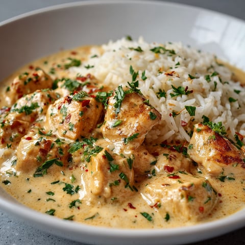 Bol blanc avec poulet bien crémeux, riz fondant, herbes fraîches et épices, prêt à déguster.