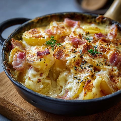 Cette poêle généreuse déborde d’une tartiflette irrésistible.