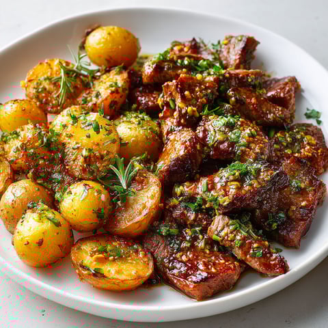 Assiette gourmande de bœuf doré et pommes de terre rôties aux herbes avec des légumes verts.