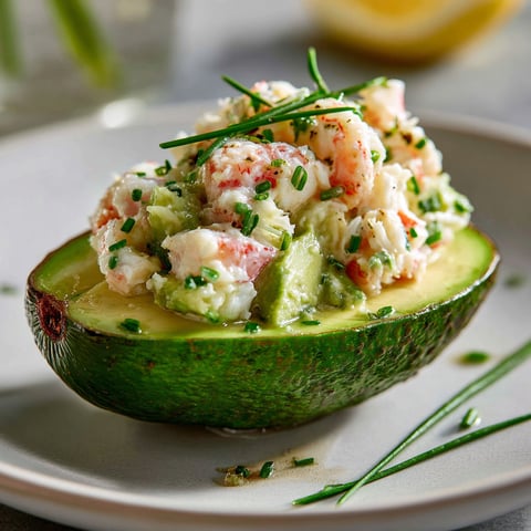 Avocat ouvert garni d’une salade onctueuse crevettes crabe.